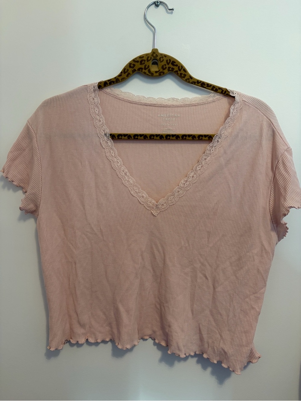 American Eagle Outfitters Lace-Trim V-Neck Ribbed Crop Top - Light Pink